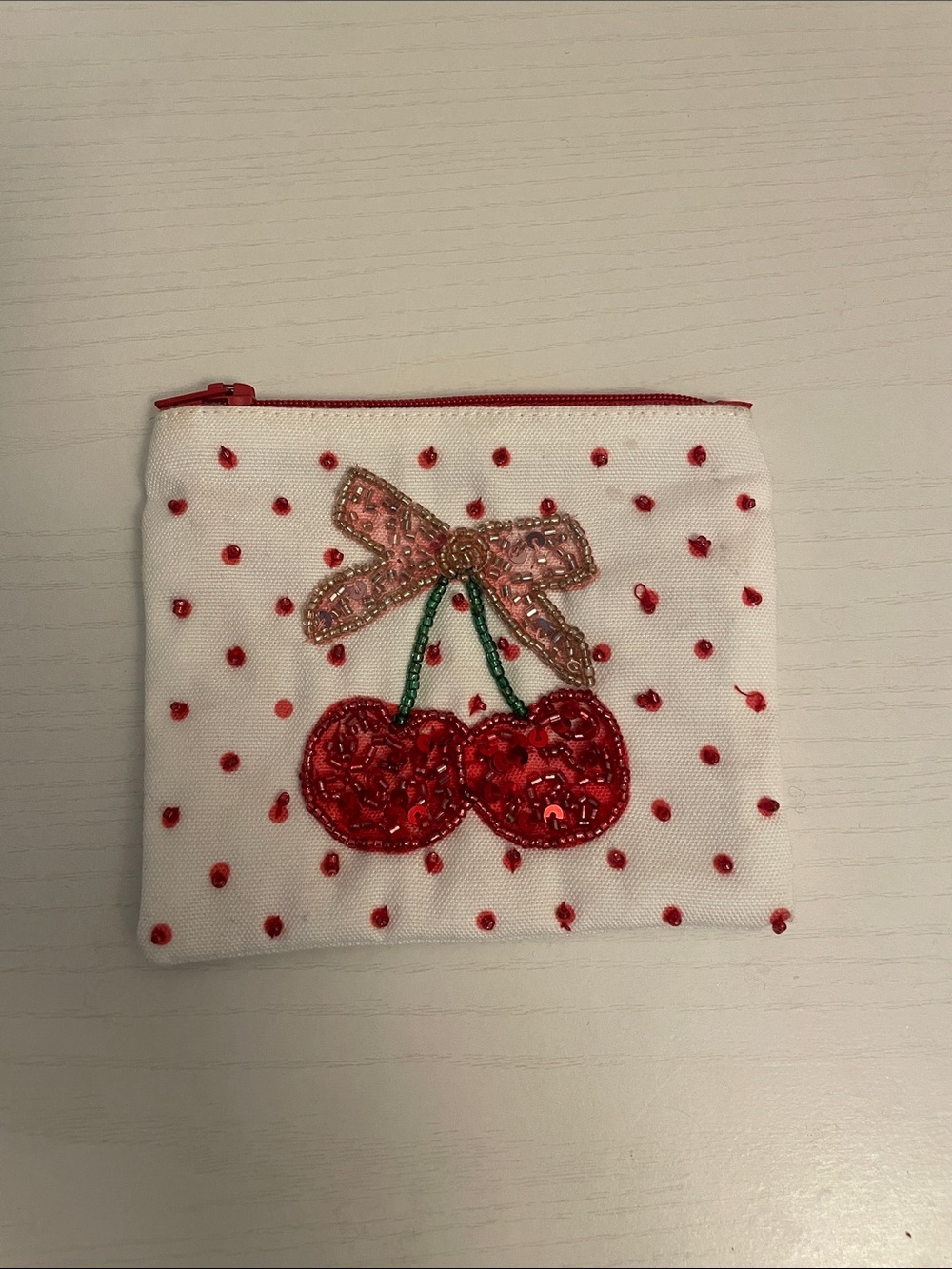 Sequin Cherry Zip coin pouch with Beaded Bow - White & Red
